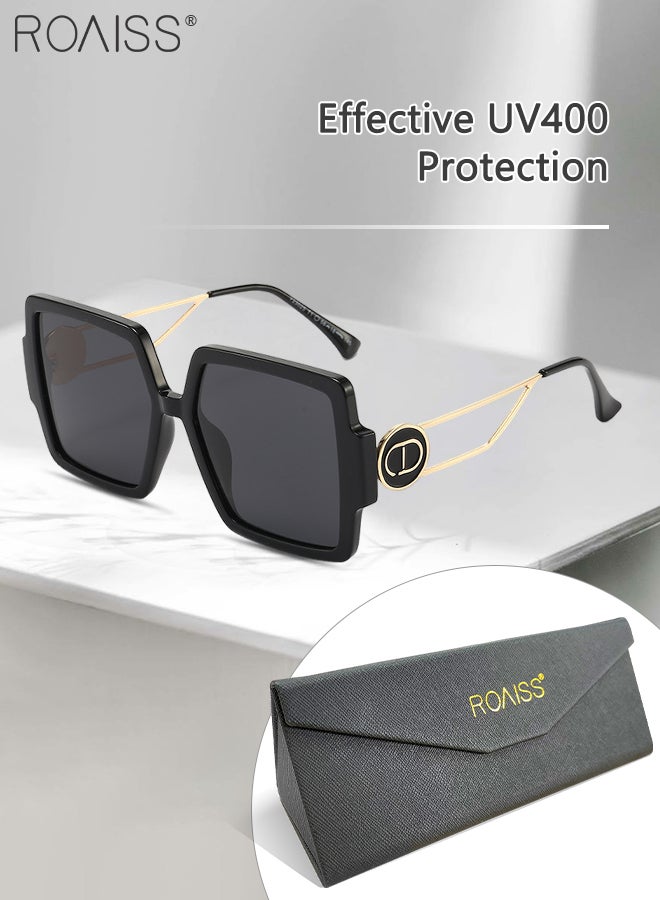 Women's Polarized Square Sunglasses, UV400 Protection Sun Glasses with Unique Temples, Oversize Fashion Anti-glare Sun Shades for Women with Glasses Case, 56mm, Black