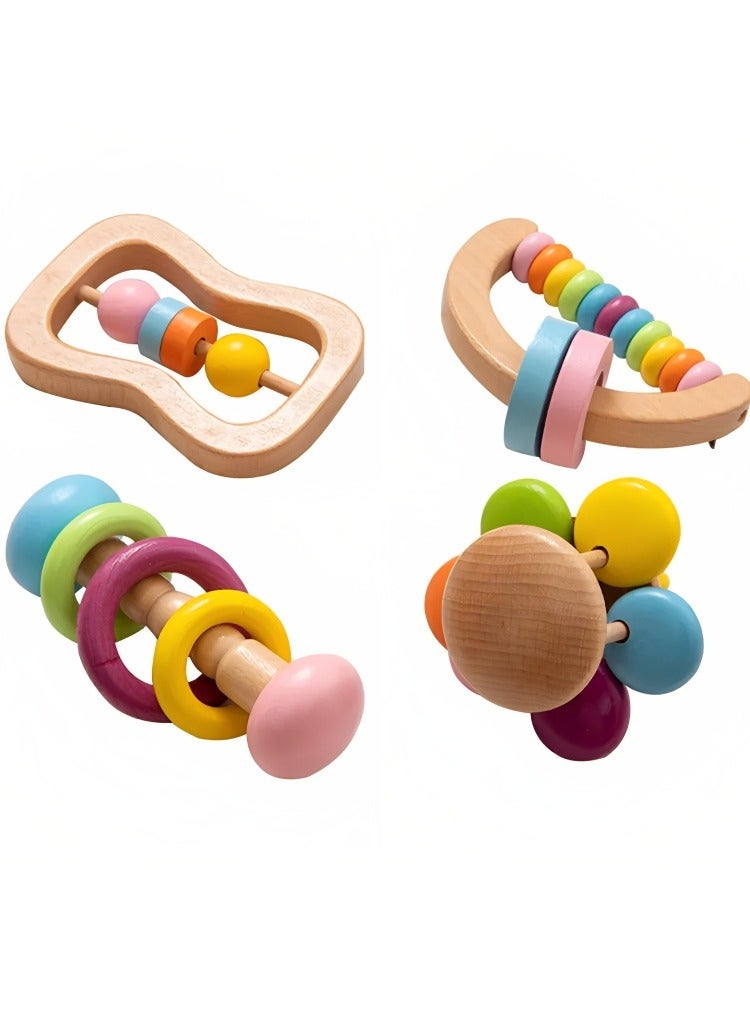 Montessori Colorful Wooden Rattle 4PC Preschool Educational Toys Baby Grasping, Safe Grade Wood Rattle, Soother Bracelet Teether Set  Toddler Toy, Perfect Newborn Gift