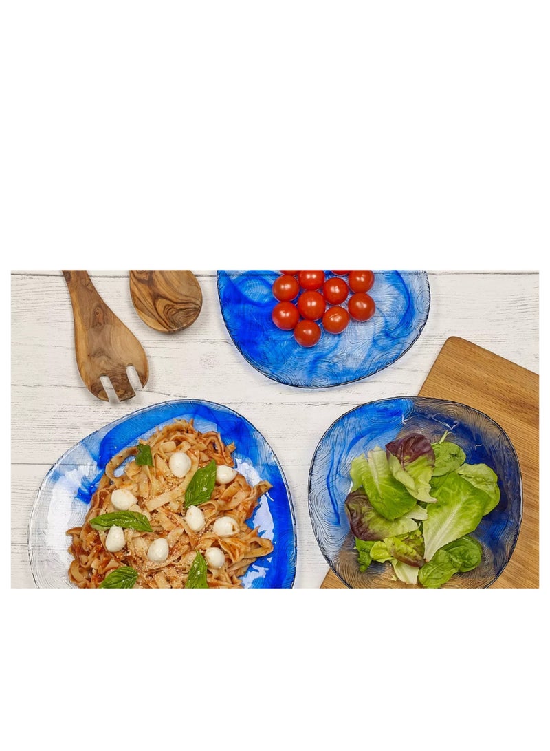 18-Piece Linden Batik Glass Plate Set, 6 Dinner Plate 260 mm, 6 Deep Plate 195 mm, 6 Dessert Plate 190 mm, Clear & Blue Multicolour 190mm