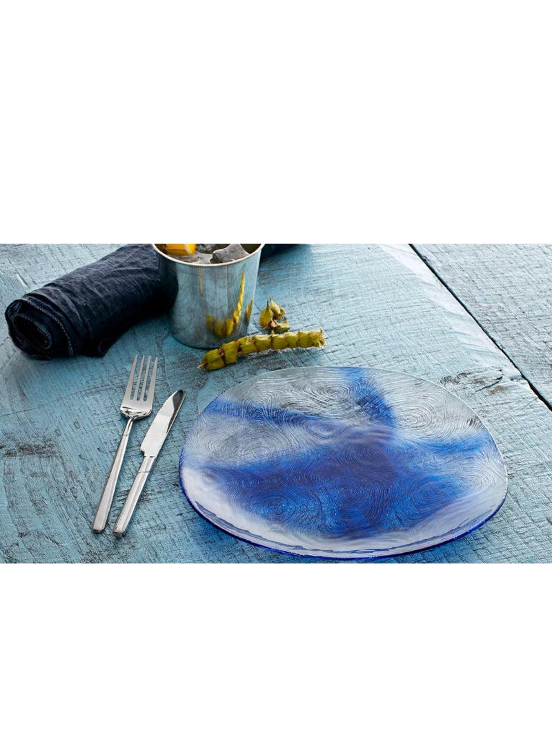 18-Piece Linden Batik Glass Plate Set, 6 Dinner Plate 260 mm, 6 Deep Plate 195 mm, 6 Dessert Plate 190 mm, Clear & Blue Multicolour 190mm