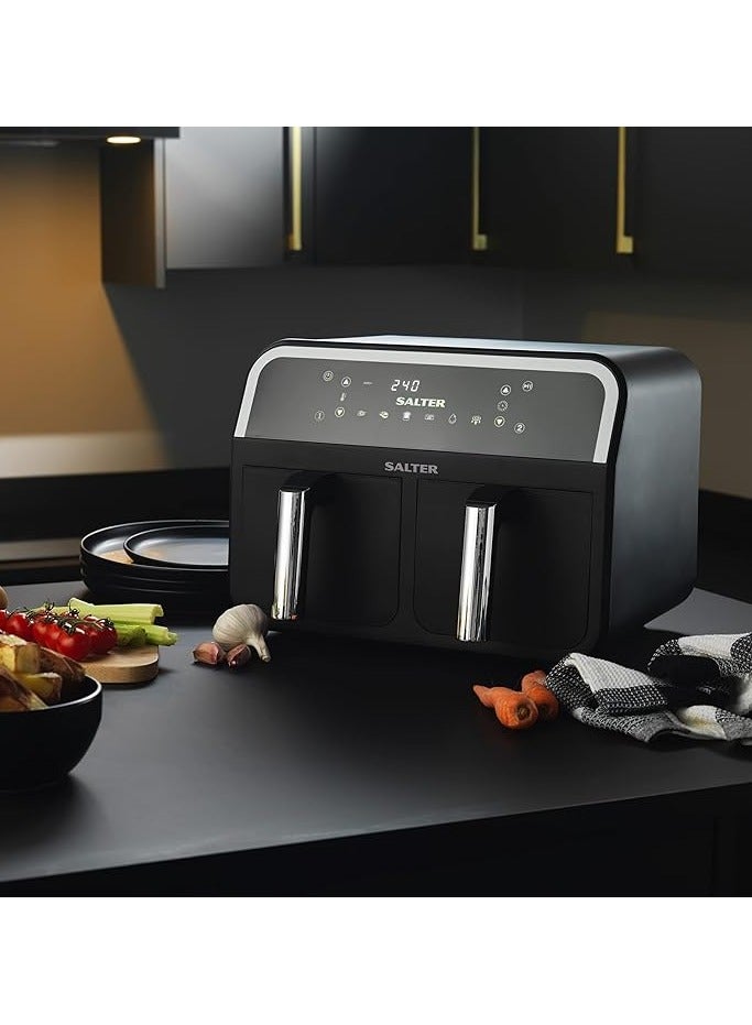 Salter EK4548 Dual Air Fryer - Double Drawer, 2 XL Non-Stick Cooking Trays, Sync & Match Cook Function, Independent Cooking, 8.2L, Sensor Touch Display.