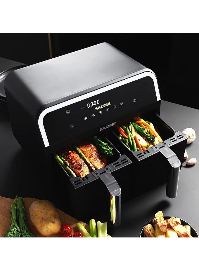 Salter EK4548 Dual Air Fryer - Double Drawer, 2 XL Non-Stick Cooking Trays, Sync & Match Cook Function, Independent Cooking, 8.2L, Sensor Touch Display.