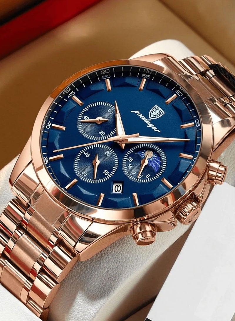 Men’s Quartz Waterproof Glow Calendar Stainless Steel Band Blue Dial Watch 42mm