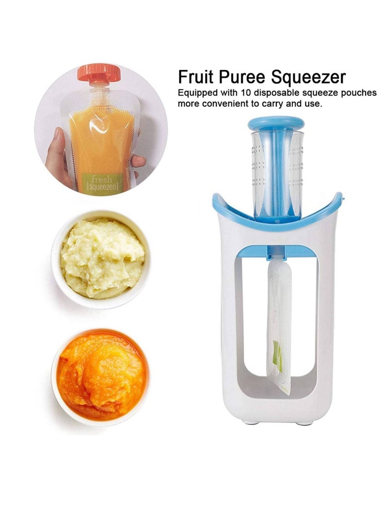 Squeezable Baby Food Pouch for Food, Reusable Silicone Feeding Pouch, Squeeze Station with 10 PCS Puree Replacement Bags (Blue)