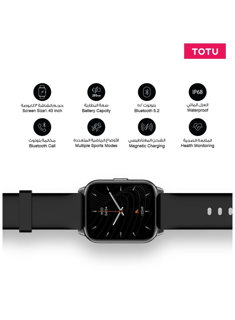Smart Watch 1.43-inch full touch screen with 280 mAh battery capacity BT Call Magnetic Charging Fitness Tracker IP68 Waterproof, Black