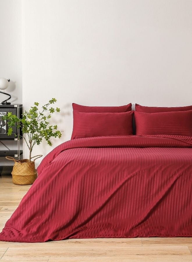 Premium King Size 6 Pieces Bedding Set Without Filler Solid Berry Red  Satin Stripe Design