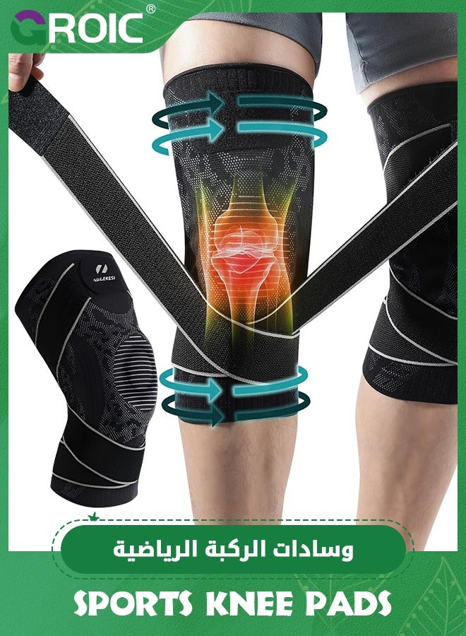 1 Pairs Knee Compression Sleeve for Knee Pain, Adjustable Knee Brace with Side Stabilizers & Patella Gel Pad, Knee Support Pad with Straps for Meniscus Tear, Running, Working Out, Knee Braces