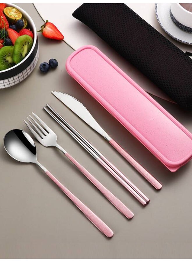 Pink Sliver 4pcs Stainless Steel Portable Tableware Set, Including Steak Knife, Fork, Spoon and Chopsticks