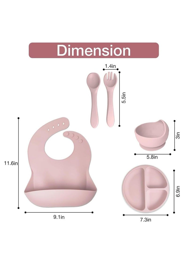 8 Pack Baby Feeding Set, Silicone Infant Dinnerware Suction Set, BPA Free Baby Tableware Set with Adjustable Soft Silicone Bib and utensils, for Baby Toddler (Pink)