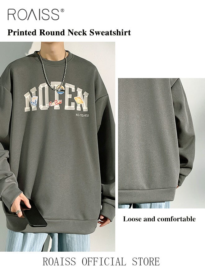 Mens Letter Graphic Sweatshirt Y2K Streetwear Oversized Light Weight Crew Neck Pullover Fall Loose Casual Sweat Shirts