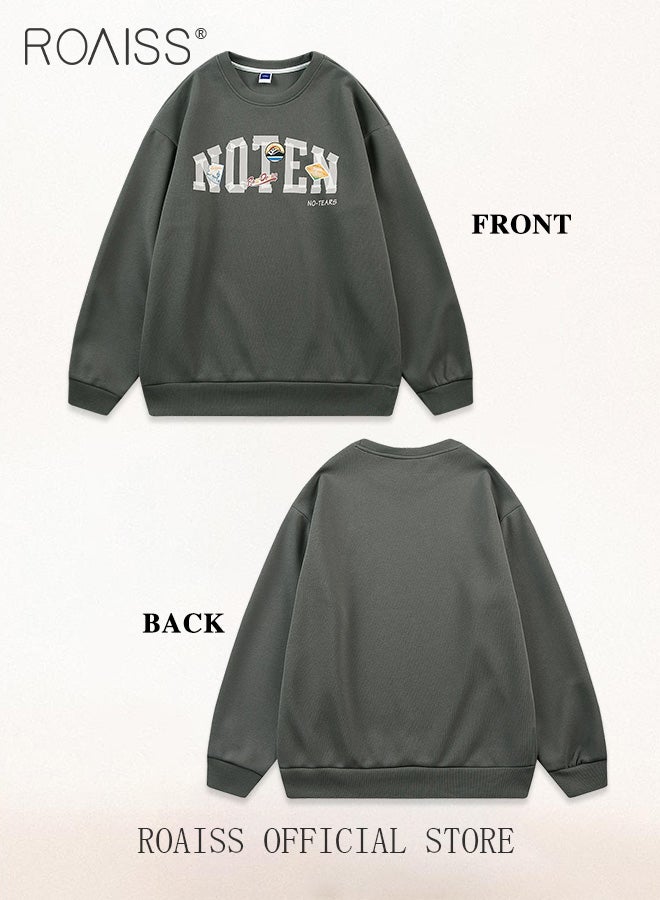 Mens Letter Graphic Sweatshirt Y2K Streetwear Oversized Light Weight Crew Neck Pullover Fall Loose Casual Sweat Shirts