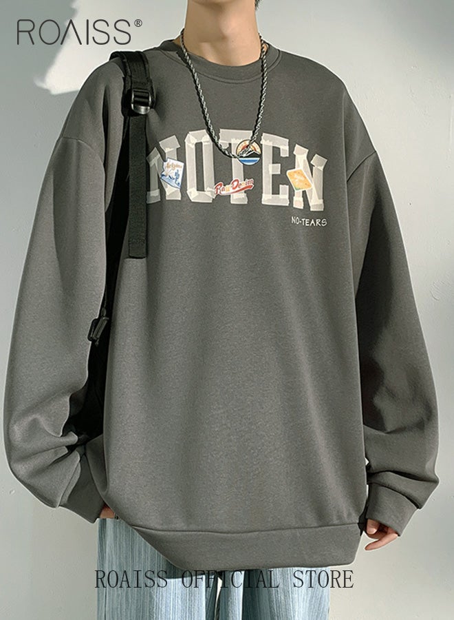 Mens Letter Graphic Sweatshirt Y2K Streetwear Oversized Light Weight Crew Neck Pullover Fall Loose Casual Sweat Shirts