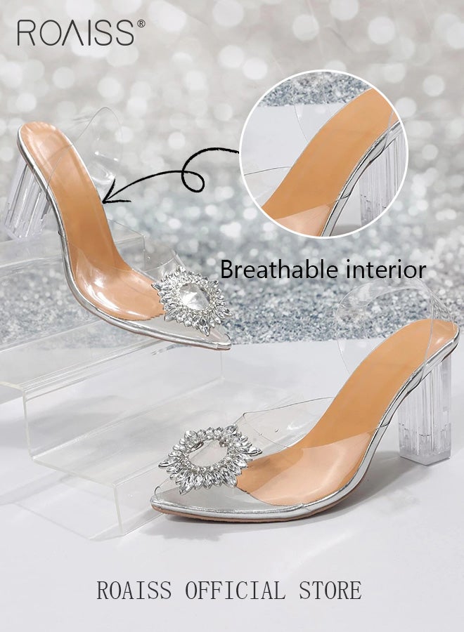 Women's Transparent Rhinestone High Heels Women's Pointed Toe High Heel Sandals Women's Thick Heel High Heels