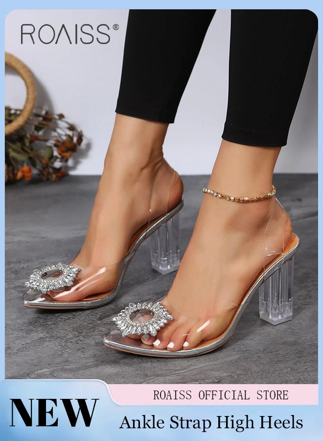 Women's Transparent Rhinestone High Heels Women's Pointed Toe High Heel Sandals Women's Thick Heel High Heels