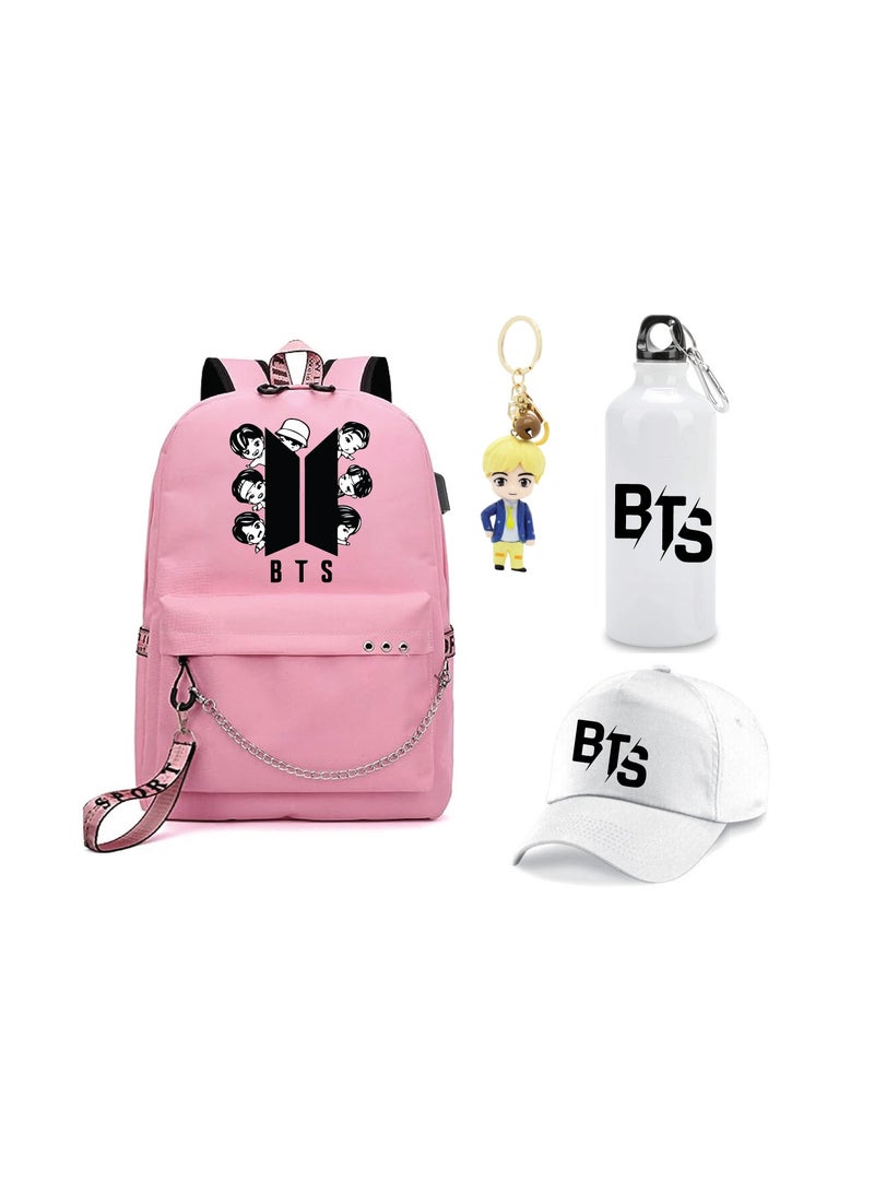 BTS 4in1 Combo - Backpack - Cap - Keychain and Water Flask for True BTS Fans and Merchandise Gifts - Casual Shoulder Bag Travel with USB Charging Port For Girls