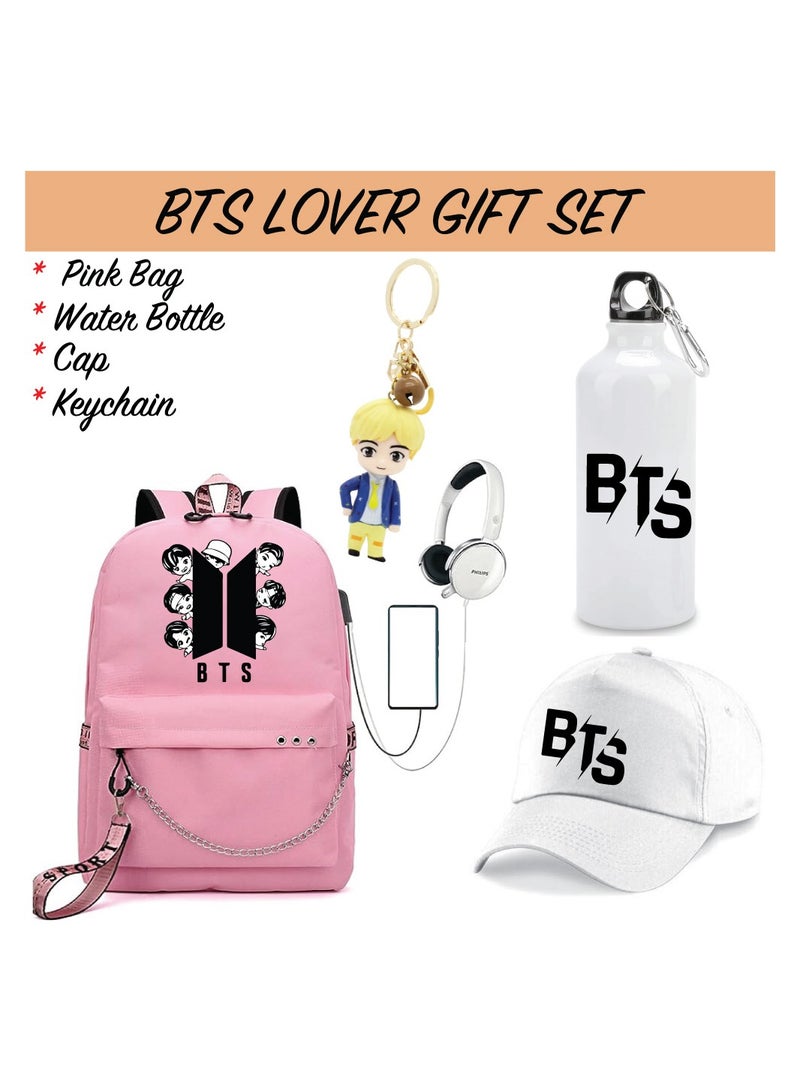 BTS 4in1 Combo - Backpack - Cap - Keychain and Water Flask for True BTS Fans and Merchandise Gifts - Casual Shoulder Bag Travel with USB Charging Port For Girls