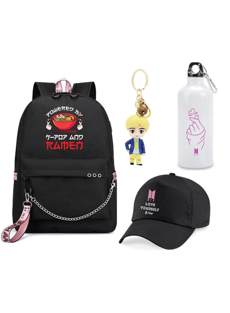 BTS 4in1 Combo-Backpack-Cap-Keychain And Water Flask for True BTS Fans And Merchandise Gifts-Casual Shoulder Bag Travel With USB Charging Port For Girls