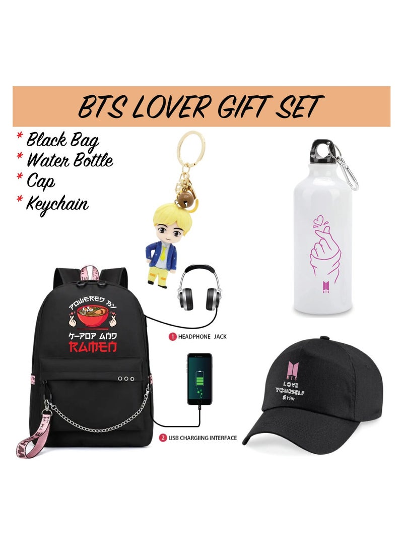 BTS 4in1 Combo-Backpack-Cap-Keychain And Water Flask for True BTS Fans And Merchandise Gifts-Casual Shoulder Bag Travel With USB Charging Port For Girls