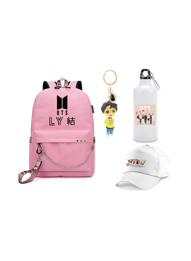 BTS 4in1 Combo - Backpack - Cap - Keychain and Water Flask for True BTS Fans and Merchandise Gifts - Casual Shoulder Bag Travel with USB Charging Port For Girls