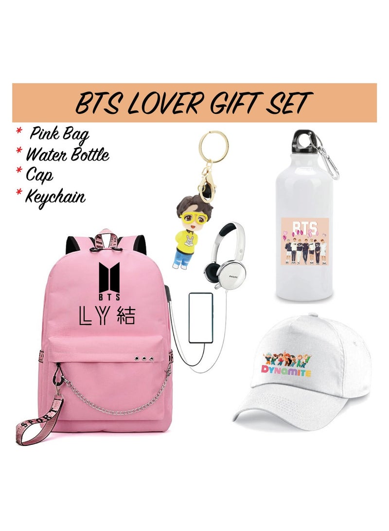 BTS 4in1 Combo - Backpack - Cap - Keychain and Water Flask for True BTS Fans and Merchandise Gifts - Casual Shoulder Bag Travel with USB Charging Port For Girls