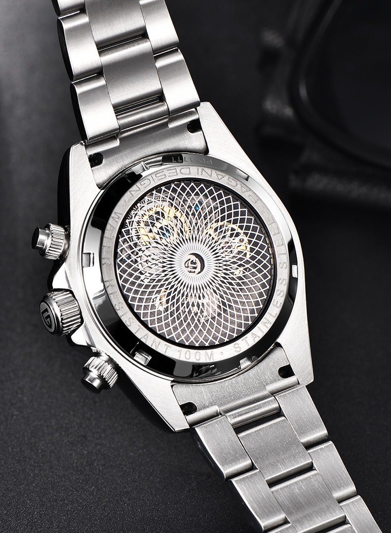 Men's Skeleton Automatic Watches Mechanical Stainless Steel Waterproof Wrist Watch with Sapphire Glass Rainbow Bezel
