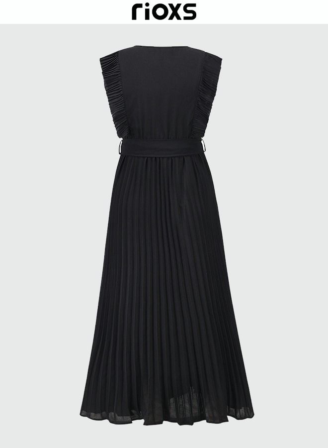 Women's Elegant High Waist Maxi Dress, V-neck Pleated Dress, Ruched Wrap Summer Long Dress with Belt, Stylish Exquisite Evening Prom Dress, Perfect for Both Casual and Formal Occasions
