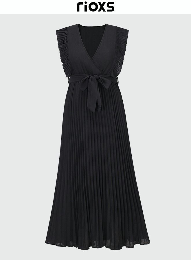 Women's Elegant High Waist Maxi Dress, V-neck Pleated Dress, Ruched Wrap Summer Long Dress with Belt, Stylish Exquisite Evening Prom Dress, Perfect for Both Casual and Formal Occasions