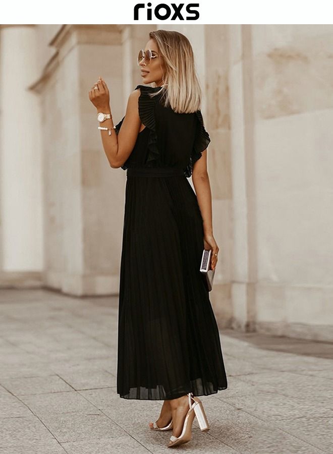 Women's Elegant High Waist Maxi Dress, V-neck Pleated Dress, Ruched Wrap Summer Long Dress with Belt, Stylish Exquisite Evening Prom Dress, Perfect for Both Casual and Formal Occasions