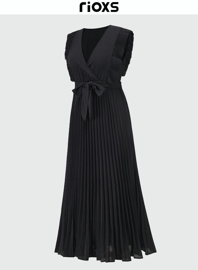 Women's Elegant High Waist Maxi Dress, V-neck Pleated Dress, Ruched Wrap Summer Long Dress with Belt, Stylish Exquisite Evening Prom Dress, Perfect for Both Casual and Formal Occasions