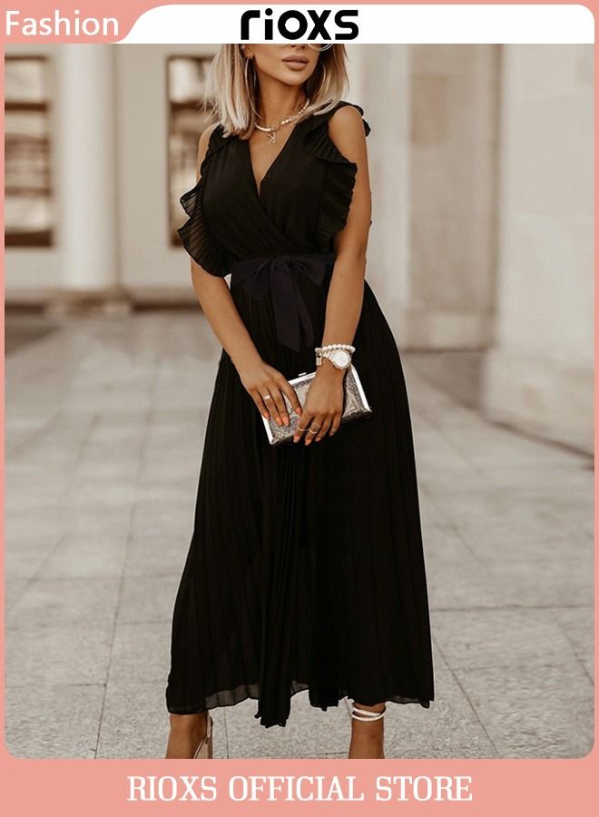 Women's Elegant High Waist Maxi Dress, V-neck Pleated Dress, Ruched Wrap Summer Long Dress with Belt, Stylish Exquisite Evening Prom Dress, Perfect for Both Casual and Formal Occasions