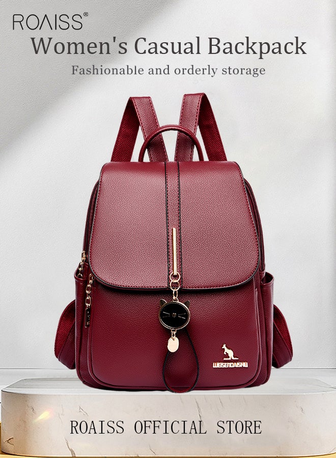 Women Leather Backpack with Cowhide Pattern Creative Cat Decoration Fashionable Travel Bag Short Distance Luggage Bag