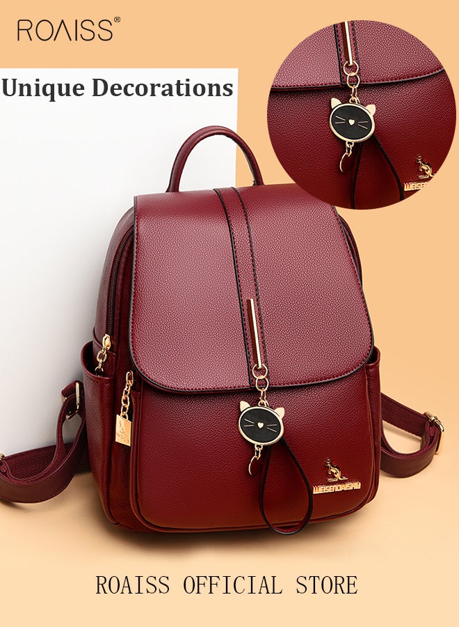 Women Leather Backpack with Cowhide Pattern Creative Cat Decoration Fashionable Travel Bag Short Distance Luggage Bag