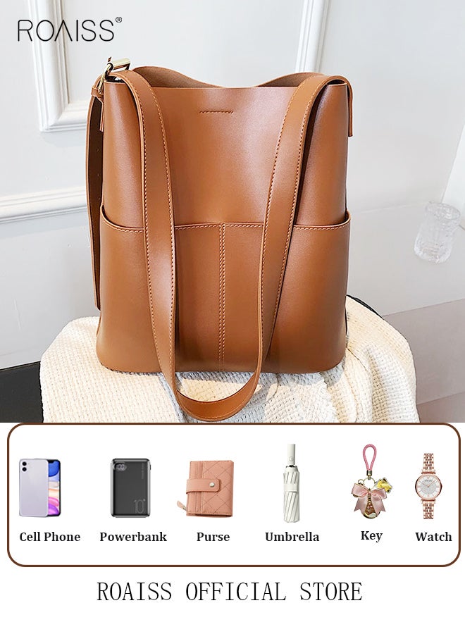 Women PU Leather Shoulder Bag Large Capacity Fashionable and Versatile Crossbody Bag Casual Daily Shoulder Bag Bucket Bag