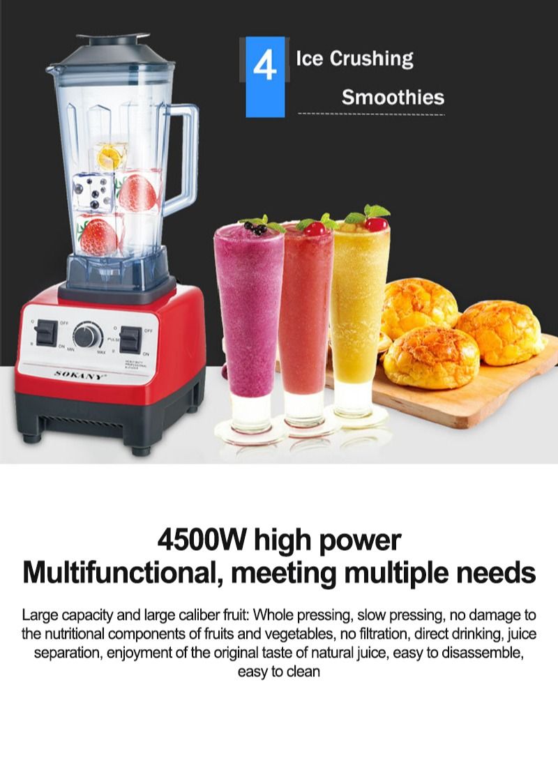 4500W Blender 2L Single Jar for Greens, Soybean, Milk, Corn, Soup, Fruits, Spices SK-444 Red
