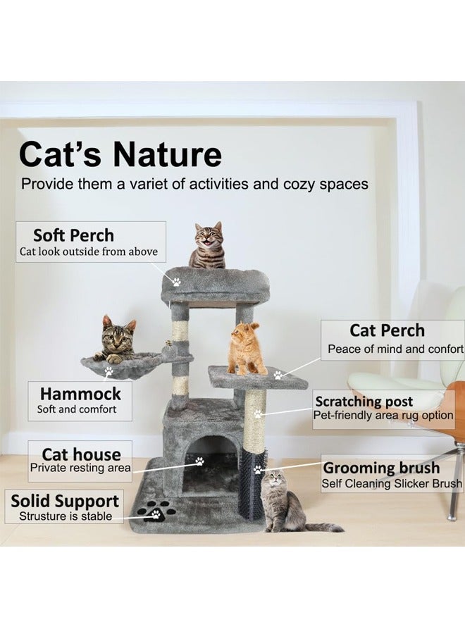 Cat tree tower with scratching post and hammock, Grey color cat tree (84cm height), hammock tree, comfort cat condo, cat paradise, tree house treasures for cat, paw and perch palace