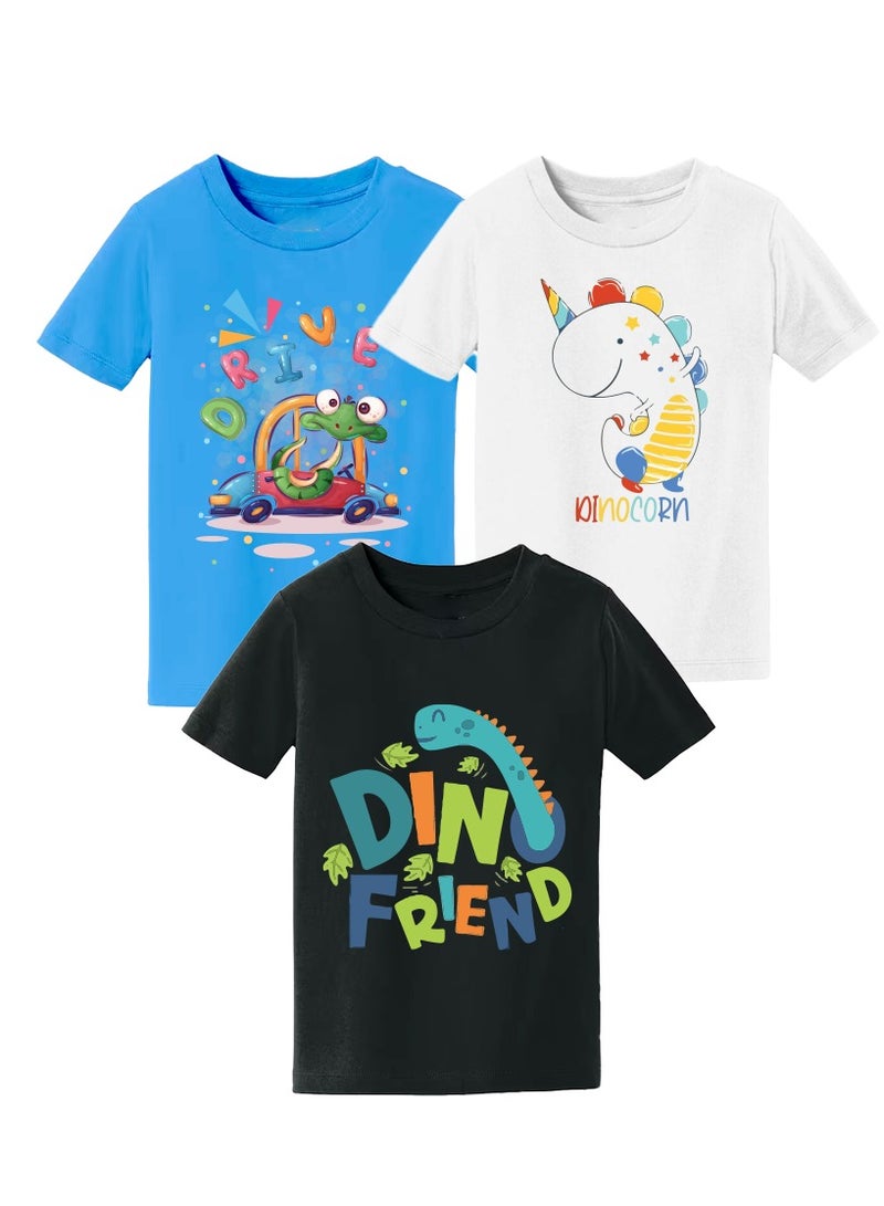 Kids Multi Color Combo Printed Design T-shirt For Boys - Fashionable Short Sleeve T-Shirt - Casual Daily Shirt For Kids - Assorted Colors