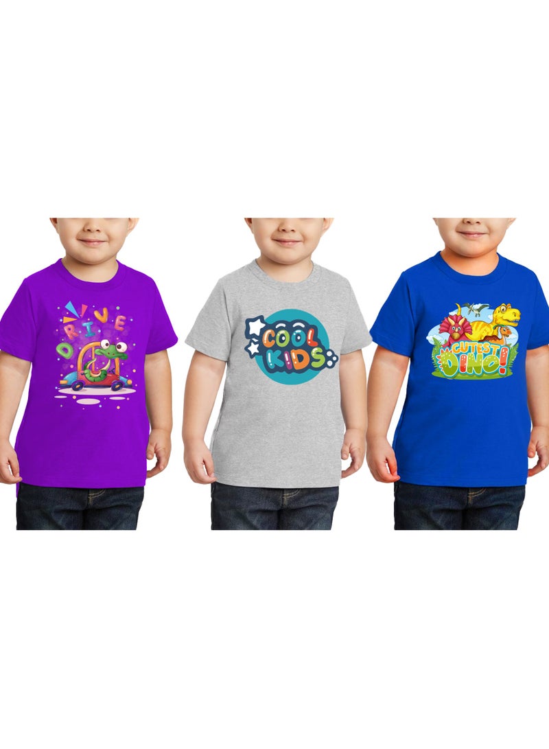 Kids Multi Color Combo Printed Design T-shirt For Boys - Fashionable Short Sleeve T-Shirt - Casual Daily Shirt For Kids - Assorted Colors