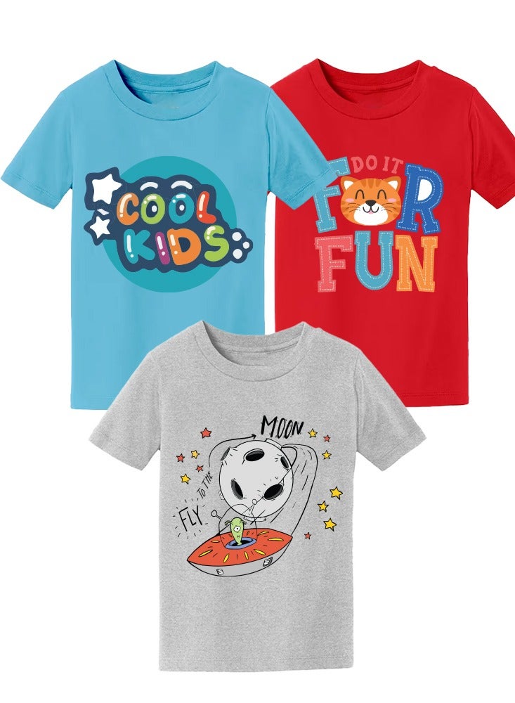 Kids Multi Color Combo Printed Design T-shirt For Boys - Fashionable Short Sleeve T-Shirt - Casual Daily Shirt For Kids - Assorted Colors