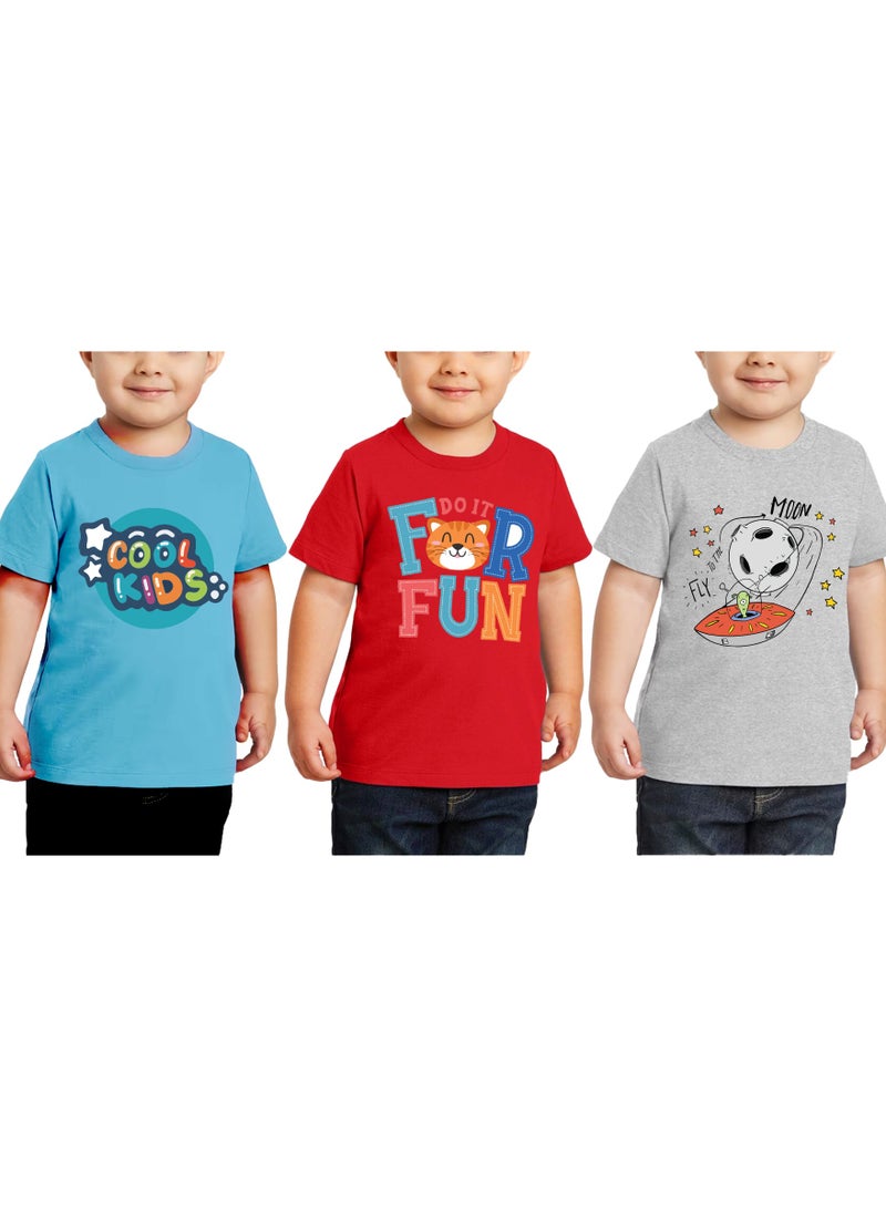 Kids Multi Color Combo Printed Design T-shirt For Boys - Fashionable Short Sleeve T-Shirt - Casual Daily Shirt For Kids - Assorted Colors