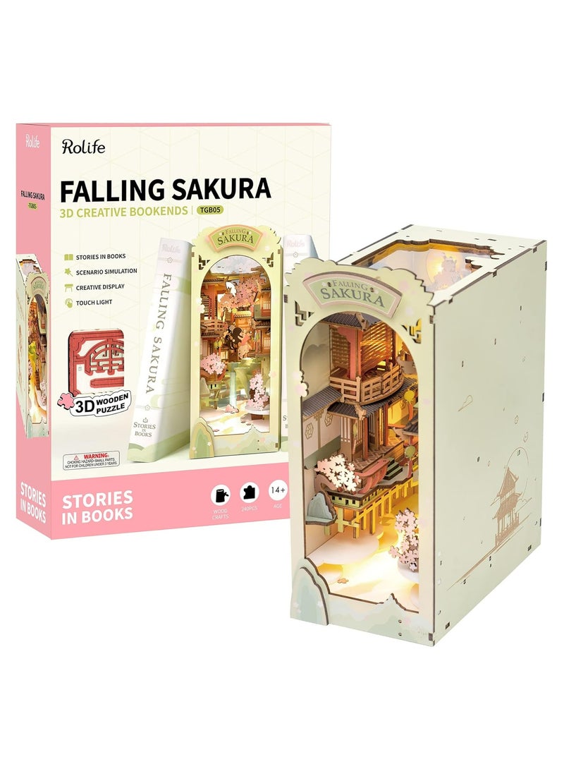 Rolife Falling Sakura DIY Book Nook Shelf Insert TGB05, Assembly Brain Teaser 3D Wooden Puzzle DIY Build Model Crafts Kits, Unique Home Decor Birthday Gifts for Teens or Adults