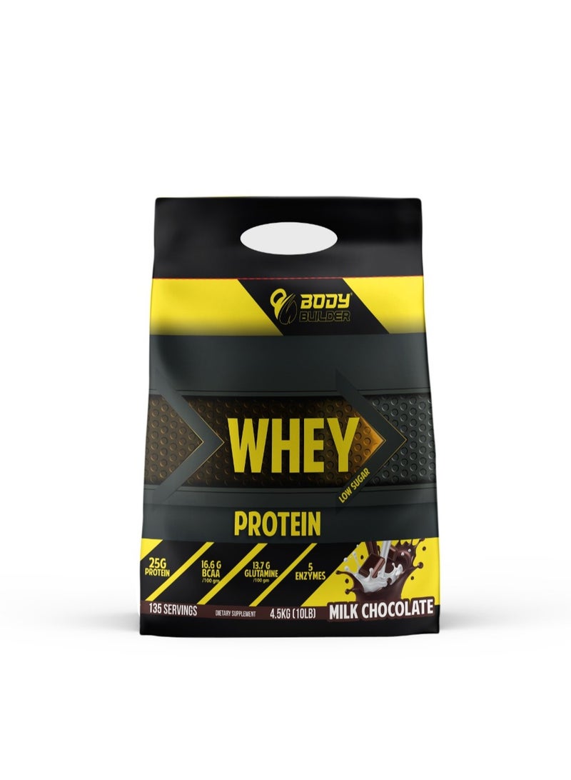 Body Builder 100% whey protein - Milk Chocolate- 10lb, Elite Whey Protein Blend for Optimal Muscle Growth and Recovery, Rich in BCAAs, Glutamine and Digestive Enzymes, perfect post workout fuel