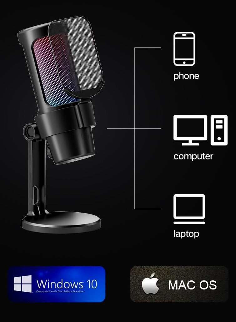 Gaming Microphone, USB PC Mic for Streaming, Podcasts, Recording, Condenser Computer Desktop Mic on Mac/PS4/PS5, with RGB Control, Mute Touch, Headphone Jack, Pop Filter, Stand-AmpliGame A8