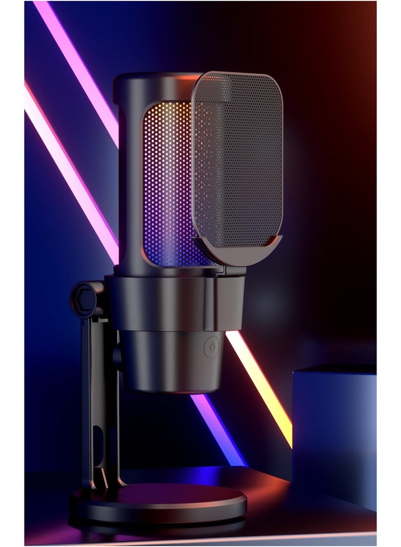 Gaming Microphone, USB PC Mic for Streaming, Podcasts, Recording, Condenser Computer Desktop Mic on Mac/PS4/PS5, with RGB Control, Mute Touch, Headphone Jack, Pop Filter, Stand-AmpliGame A8