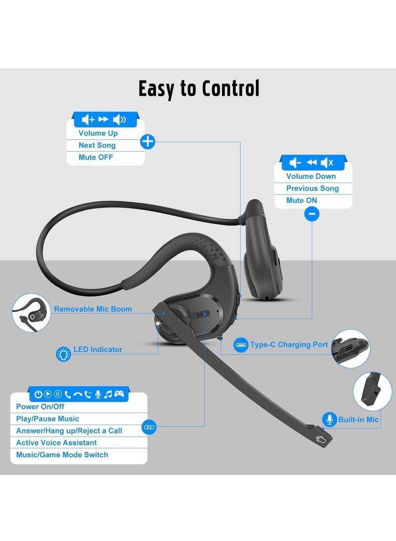 Bluetooth 5.3 Headset, DSP Noise Cancelling Wireless Open Ear Comfort Headphones, with Detachable Microphone 12H Playtime for Office Meeting Home Working