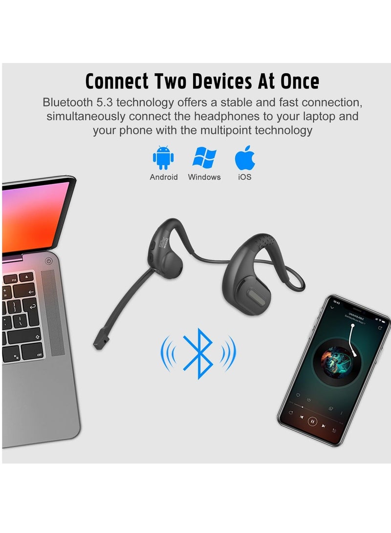 Bluetooth 5.3 Headset, DSP Noise Cancelling Wireless Open Ear Comfort Headphones, with Detachable Microphone 12H Playtime for Office Meeting Home Working