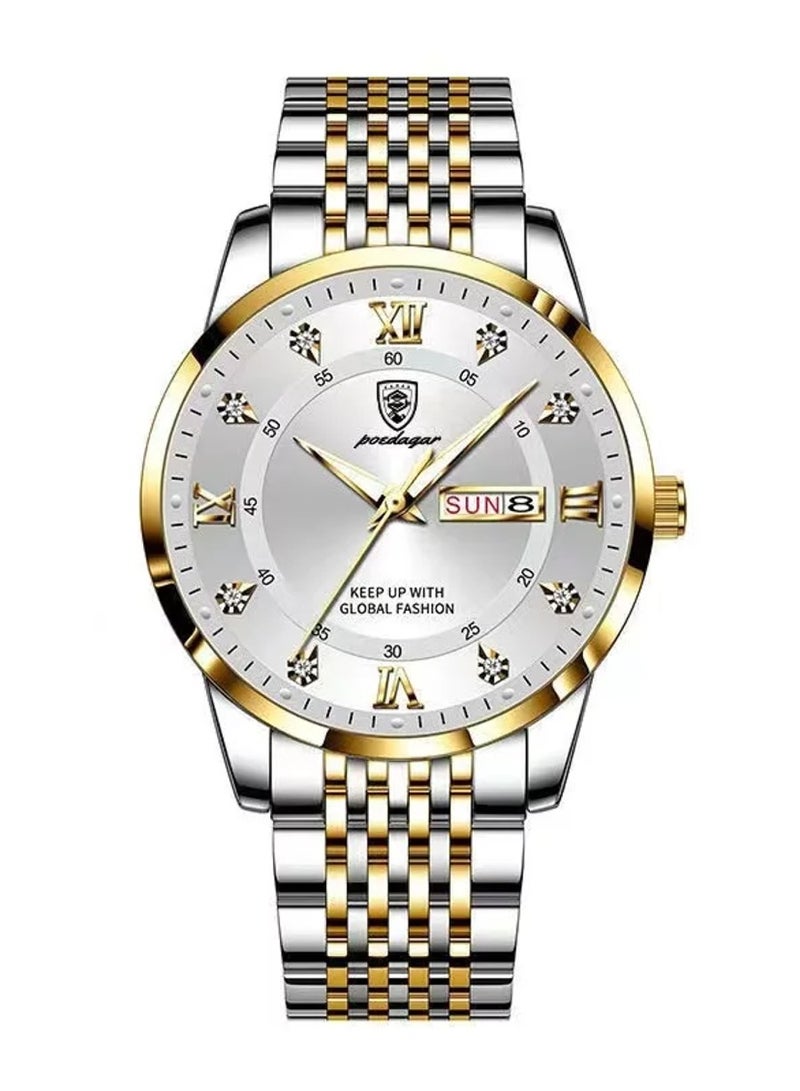 Men’s Analog Quartz Two Tone Stainless Steel Band White Dial Watch 41mm