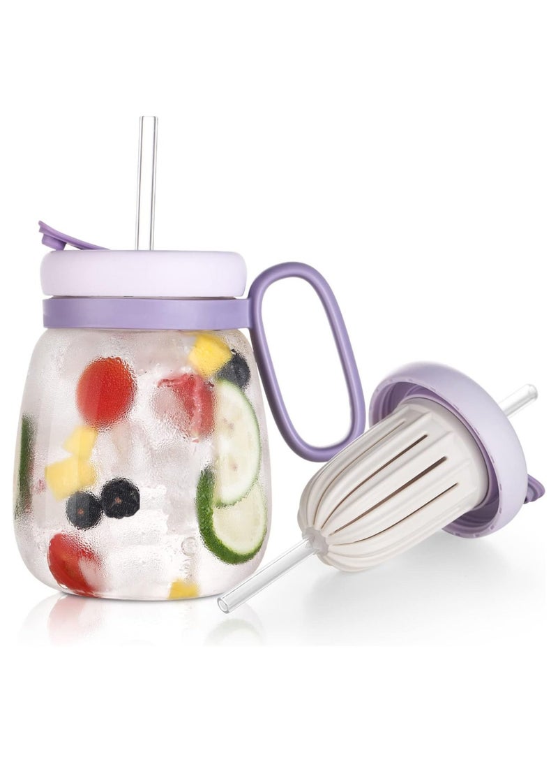 Glass Tumbler with Tea Infuser Lid Straw and Handle, 850ML Reusable Water Bottles, Boba Cup for Iced Coffee, Juice, (Purple)