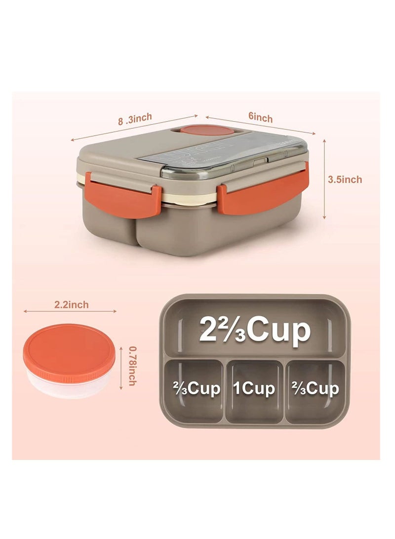 Bento Box Lunch Boxes Stackable for Adults Leak-Proof Container with Compartments 4-in-1 Lunchbox Sauce Pot Cutlery Set Microwave Dishwasher Safe Available 1300ML (Beige)