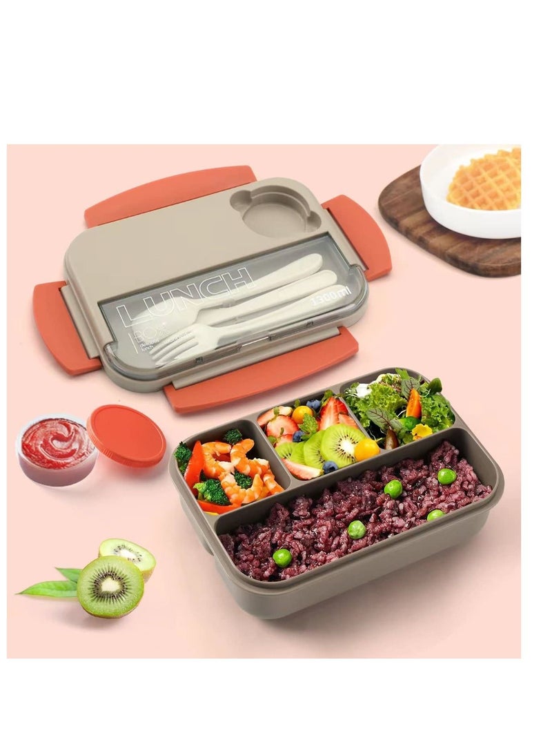 Bento Box Lunch Boxes Stackable for Adults Leak-Proof Container with Compartments 4-in-1 Lunchbox Sauce Pot Cutlery Set Microwave Dishwasher Safe Available 1300ML (Beige)
