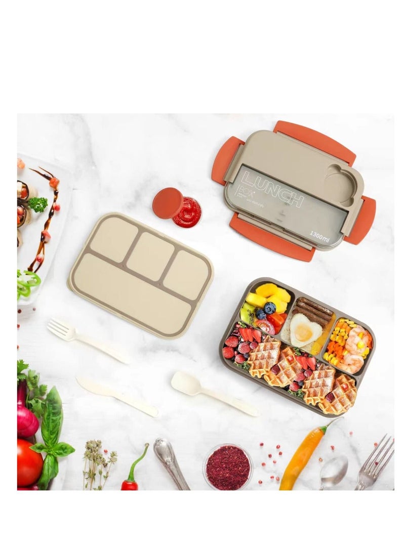 Bento Box Lunch Boxes Stackable for Adults Leak-Proof Container with Compartments 4-in-1 Lunchbox Sauce Pot Cutlery Set Microwave Dishwasher Safe Available 1300ML (Beige)